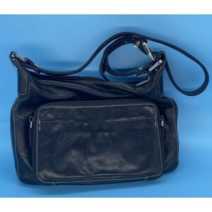 Perlina Black Leather Crossbody Organizer Bag Utility Multi Pocket Purse Vintage